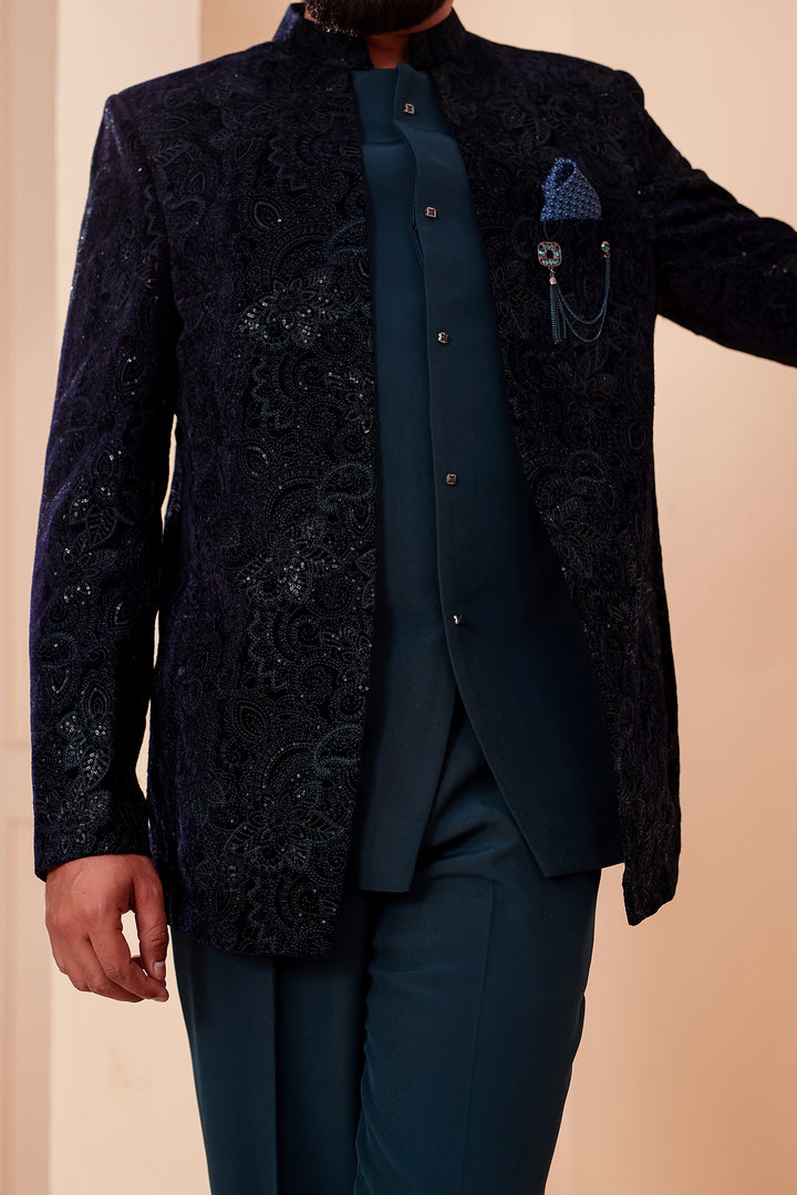 Navy Blue-Jade Blue Heavy Embroidered Velvet 3pcs Jacket Style Jodhpuri Suit.