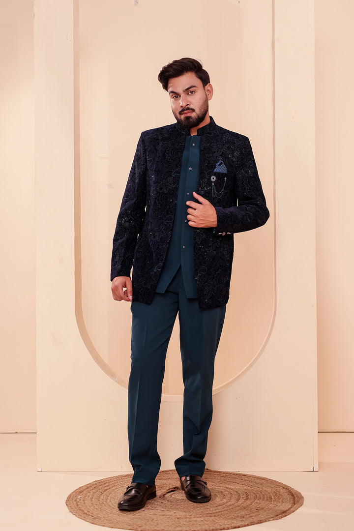 Navy Blue-Jade Blue Heavy Embroidered Velvet 3pcs Jacket Style Jodhpuri Suit.