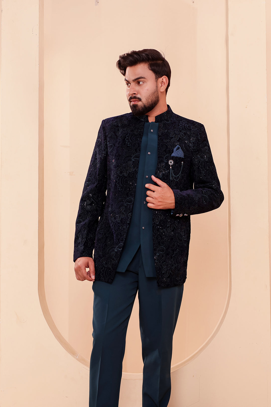 Navy Blue-Jade Blue Heavy Embroidered Velvet 3pcs Jacket Style Jodhpuri Suit.