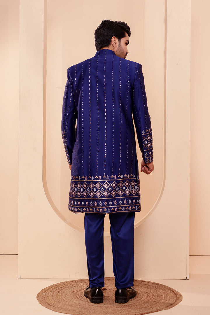 Navy Blue Raw Silk Sequin Embroidered Indo-western Suit.