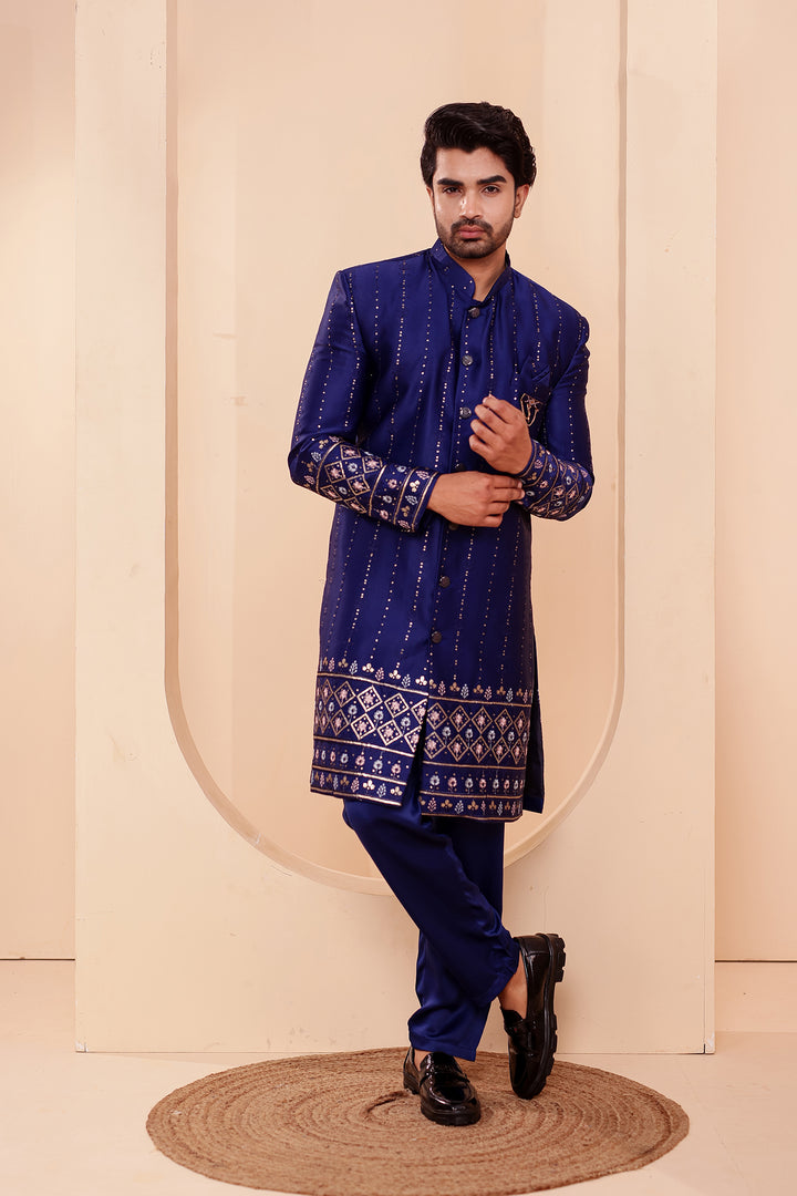Navy Blue Raw Silk Sequin Embroidered Indo-western Suit.