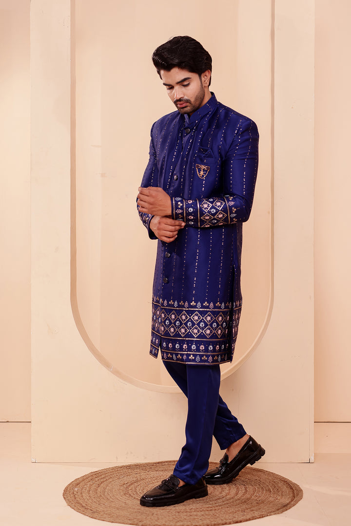 Navy Blue Raw Silk Sequin Embroidered Indo-western Suit.