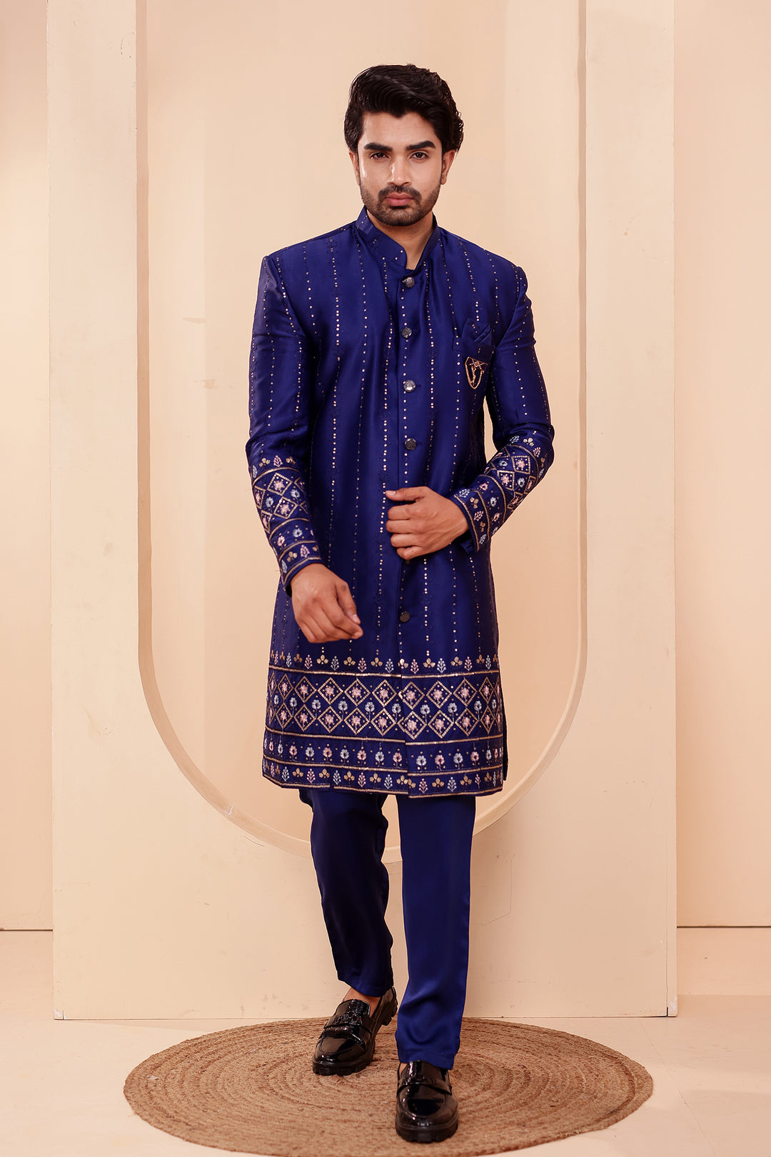 Navy Blue Raw Silk Sequin Embroidered Indo-western Suit.