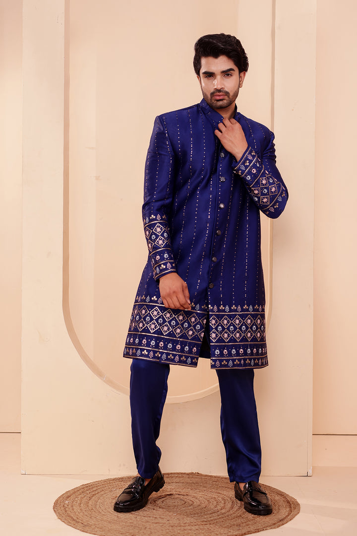 Navy Blue Raw Silk Sequin Embroidered Indo-western Suit.