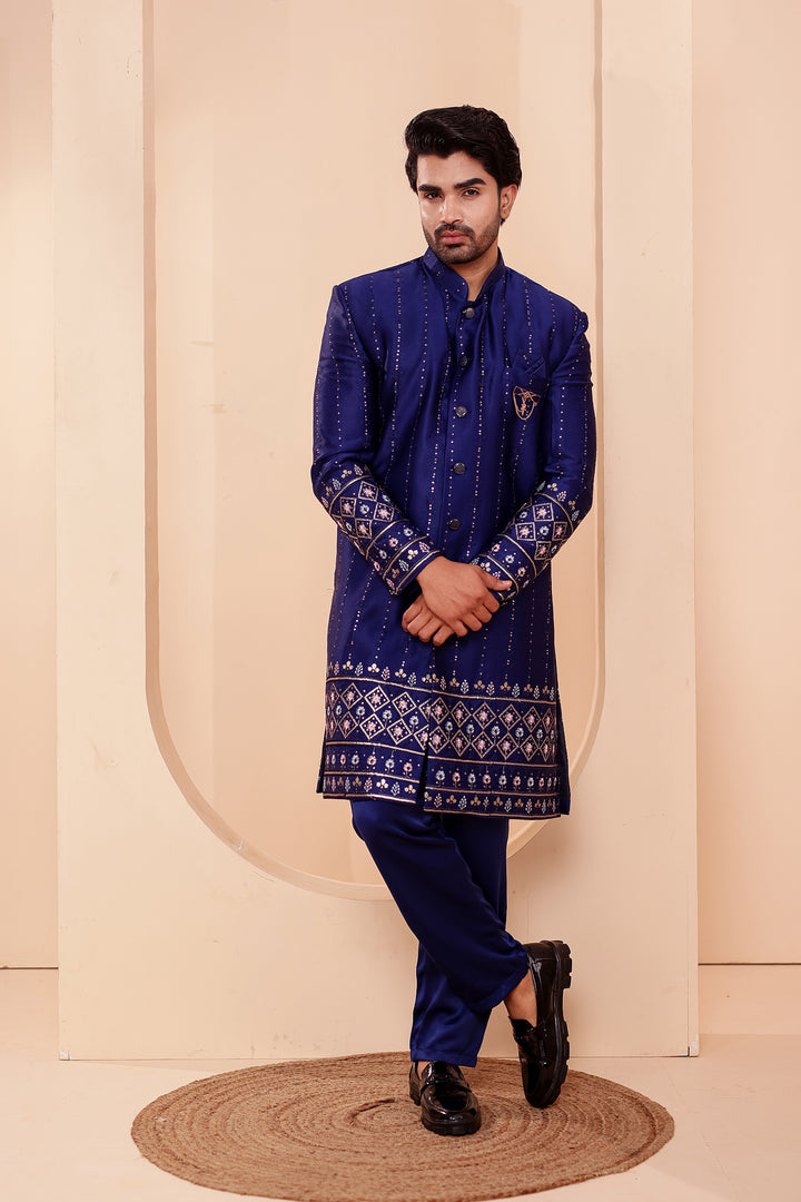 Navy Blue Raw Silk Sequin Embroidered Indo-western Suit.