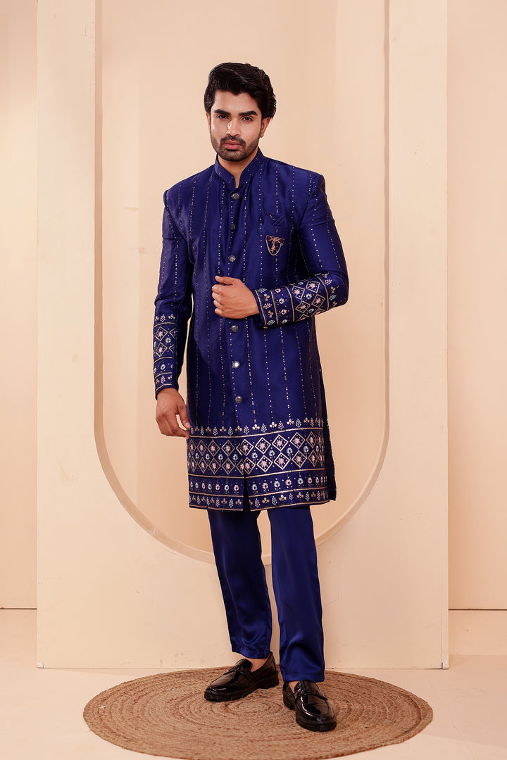 Navy Blue Raw Silk Sequin Embroidered Indo-western Suit.