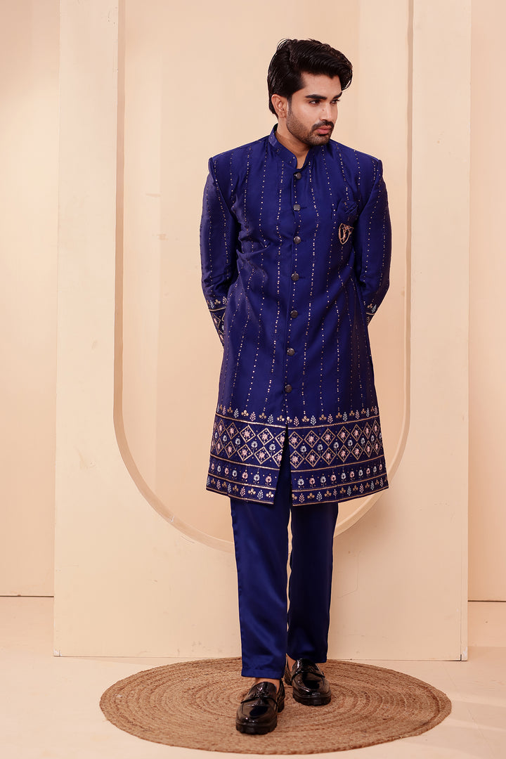Navy Blue Raw Silk Sequin Embroidered Indo-western Suit.