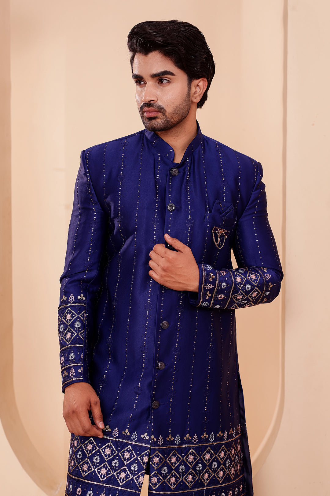Navy Blue Raw Silk Sequin Embroidered Indo-western Suit.