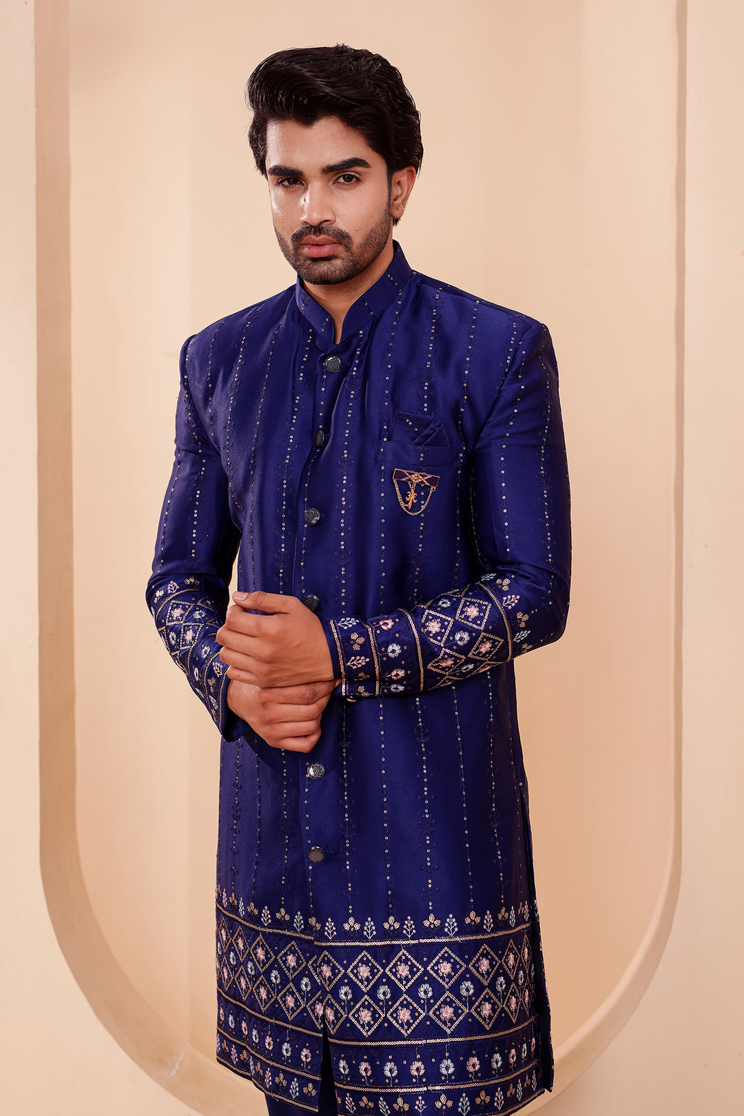 Navy Blue Raw Silk Sequin Embroidered Indo-western Suit.