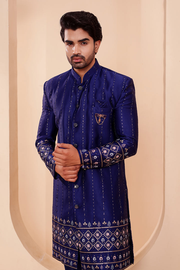 Navy Blue Raw Silk Sequin Embroidered Indo-western Suit.
