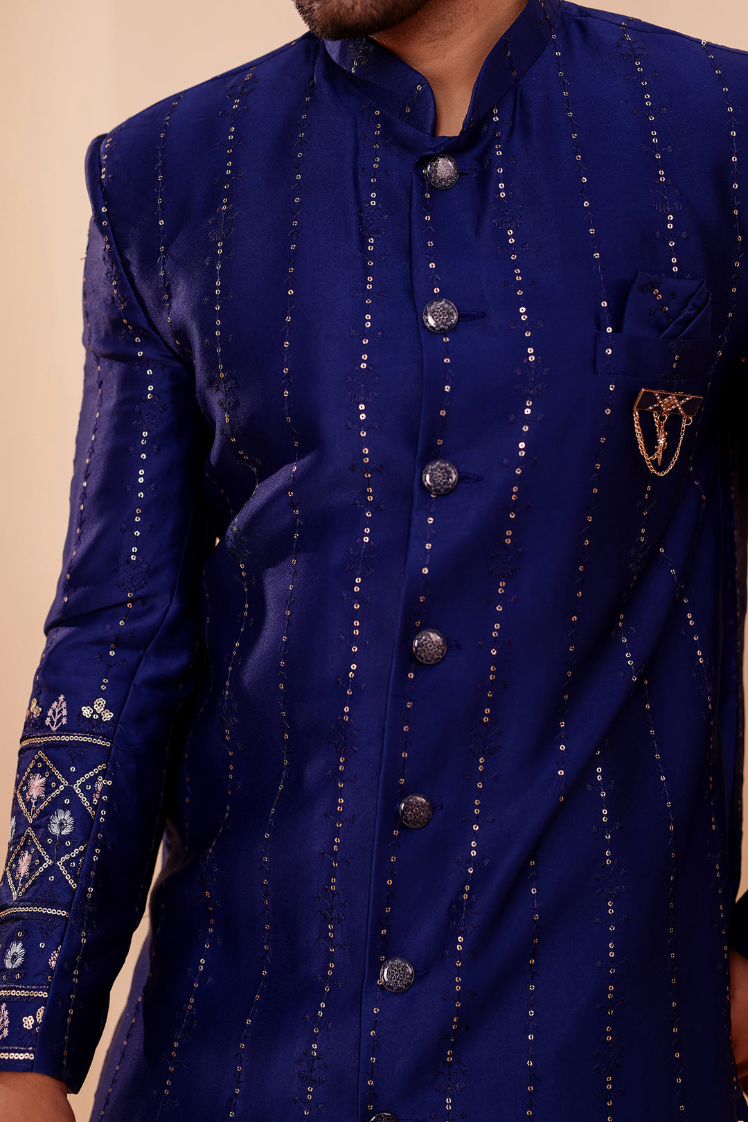 Navy Blue Raw Silk Sequin Embroidered Indo-western Suit.