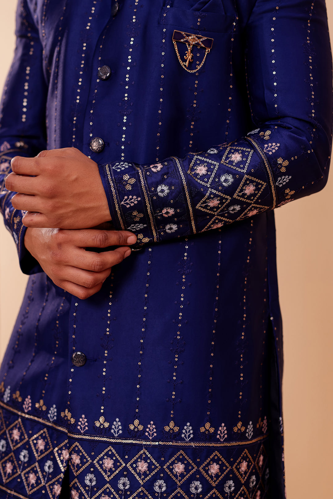 Navy Blue Raw Silk Sequin Embroidered Indo-western Suit.