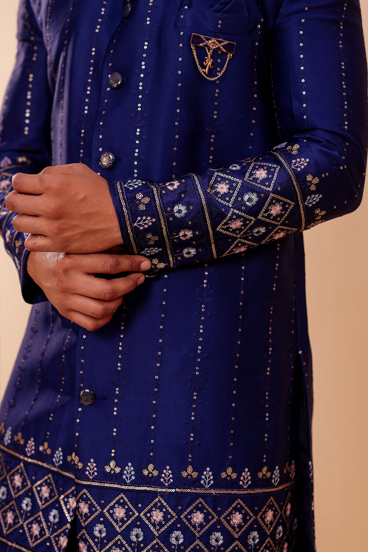 Navy Blue Raw Silk Sequin Embroidered Indo-western Suit.