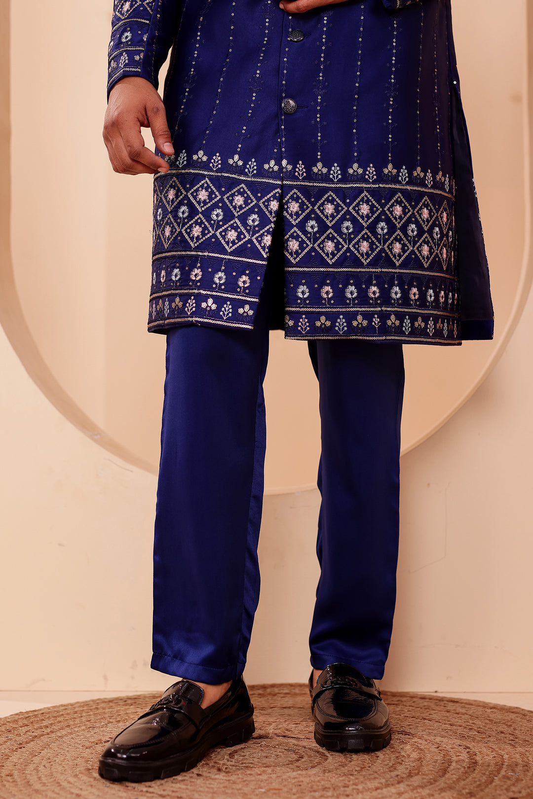 Navy Blue Raw Silk Sequin Embroidered Indo-western Suit.