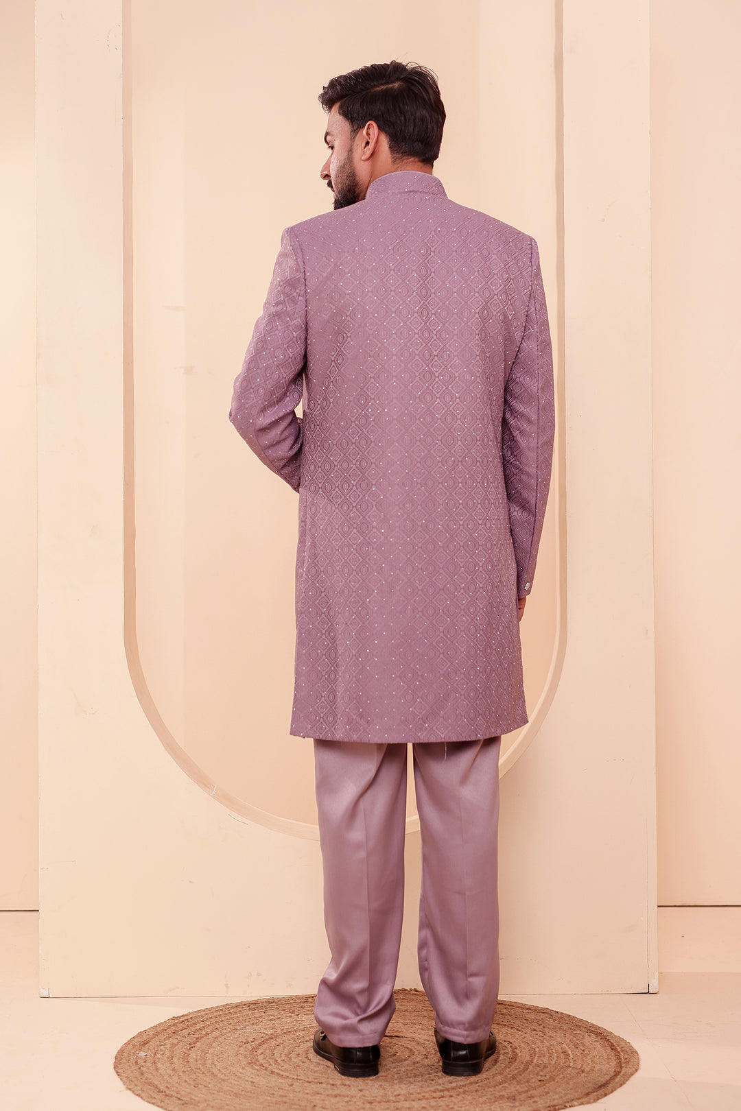 Lavander Jacquard weave Open Jacket Style Indo-western Suit.