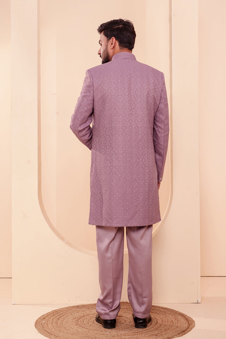 Lavander Jacquard weave Open Jacket Style Indo-western Suit.