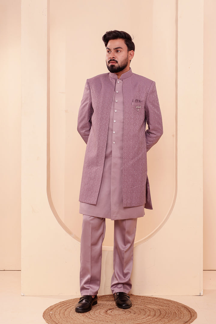 Lavander Jacquard weave Open Jacket Style Indo-western Suit.
