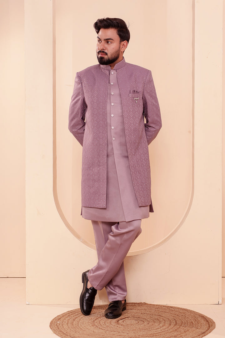Lavander Jacquard weave Open Jacket Style Indo-western Suit.