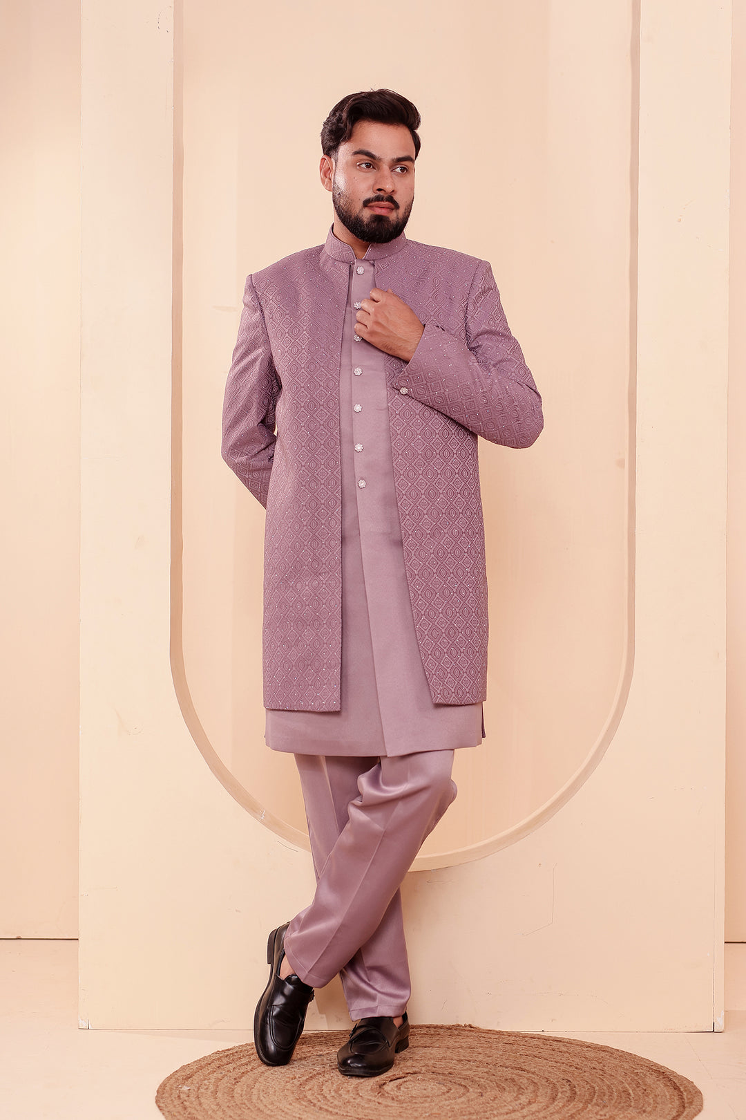 Lavander Jacquard weave Open Jacket Style Indo-western Suit.