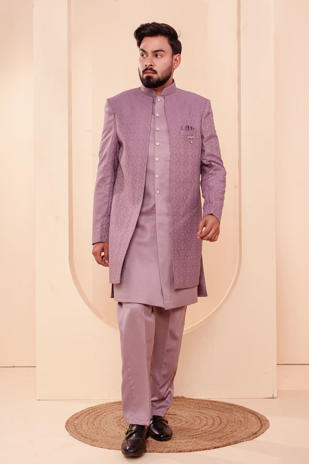 Lavander Jacquard weave Open Jacket Style Indo-western Suit.