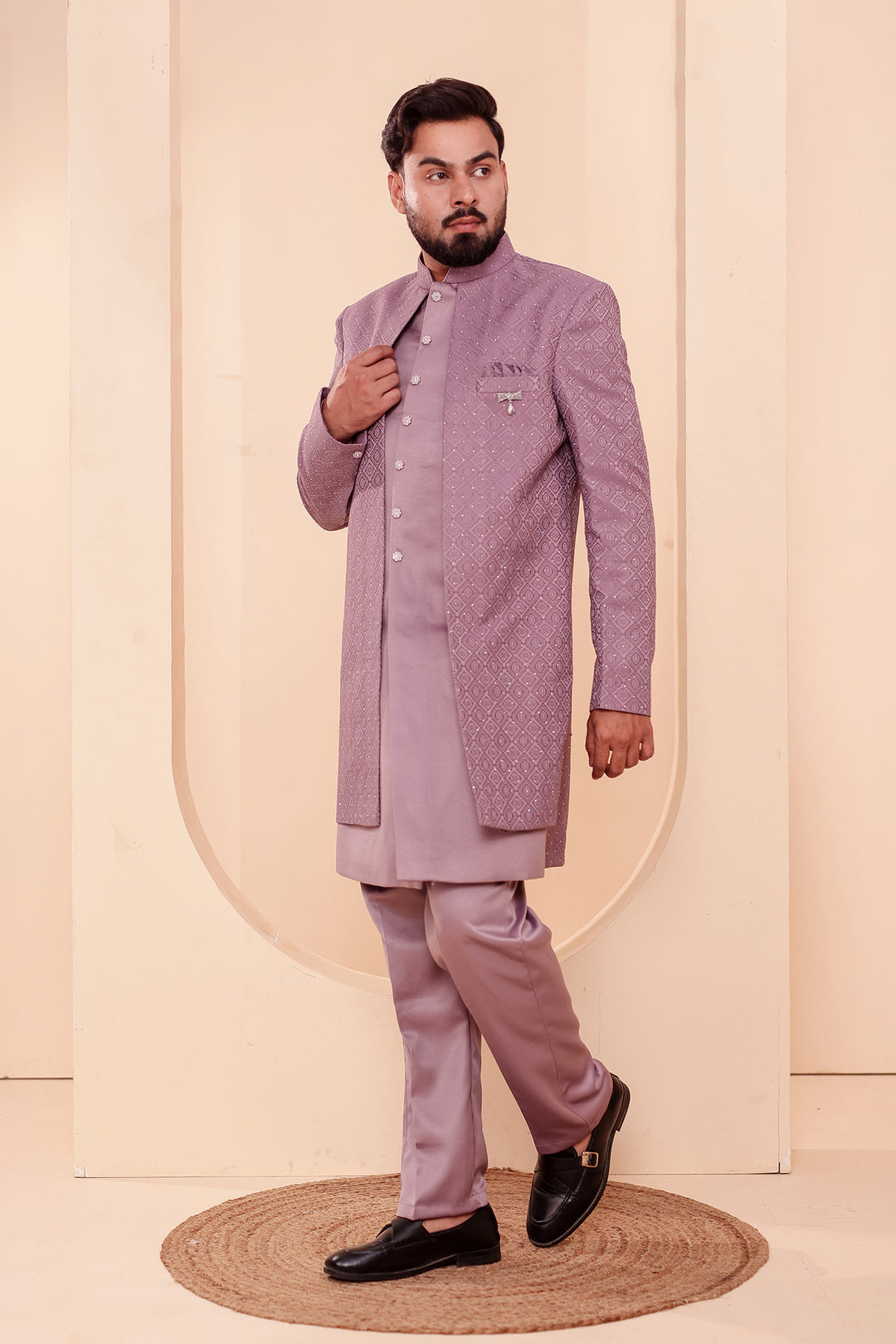 Lavander Jacquard weave Open Jacket Style Indo-western Suit.