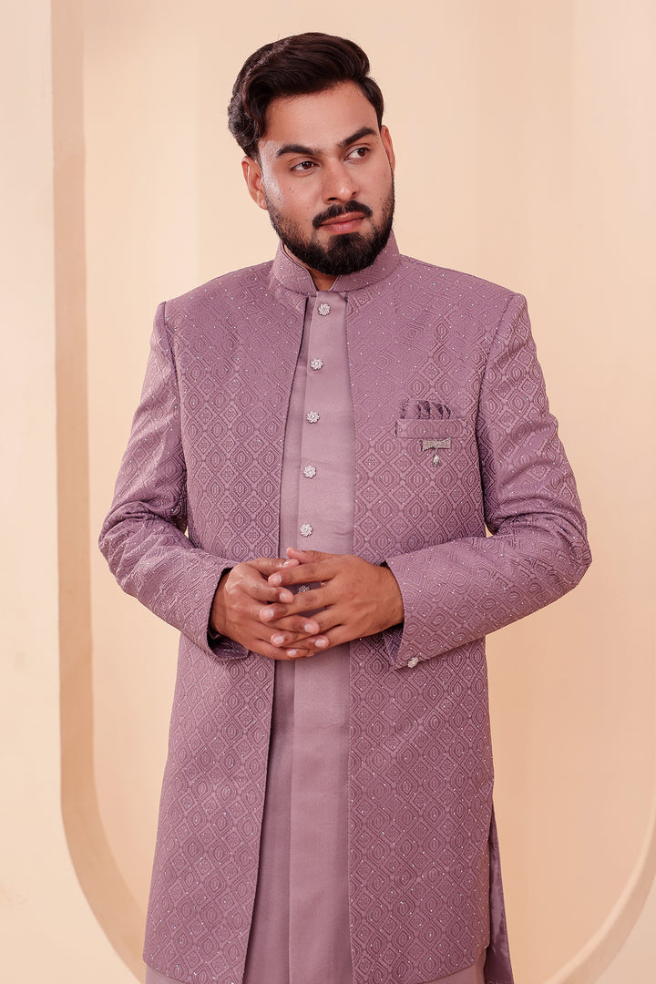 Lavander Jacquard weave Open Jacket Style Indo-western Suit.