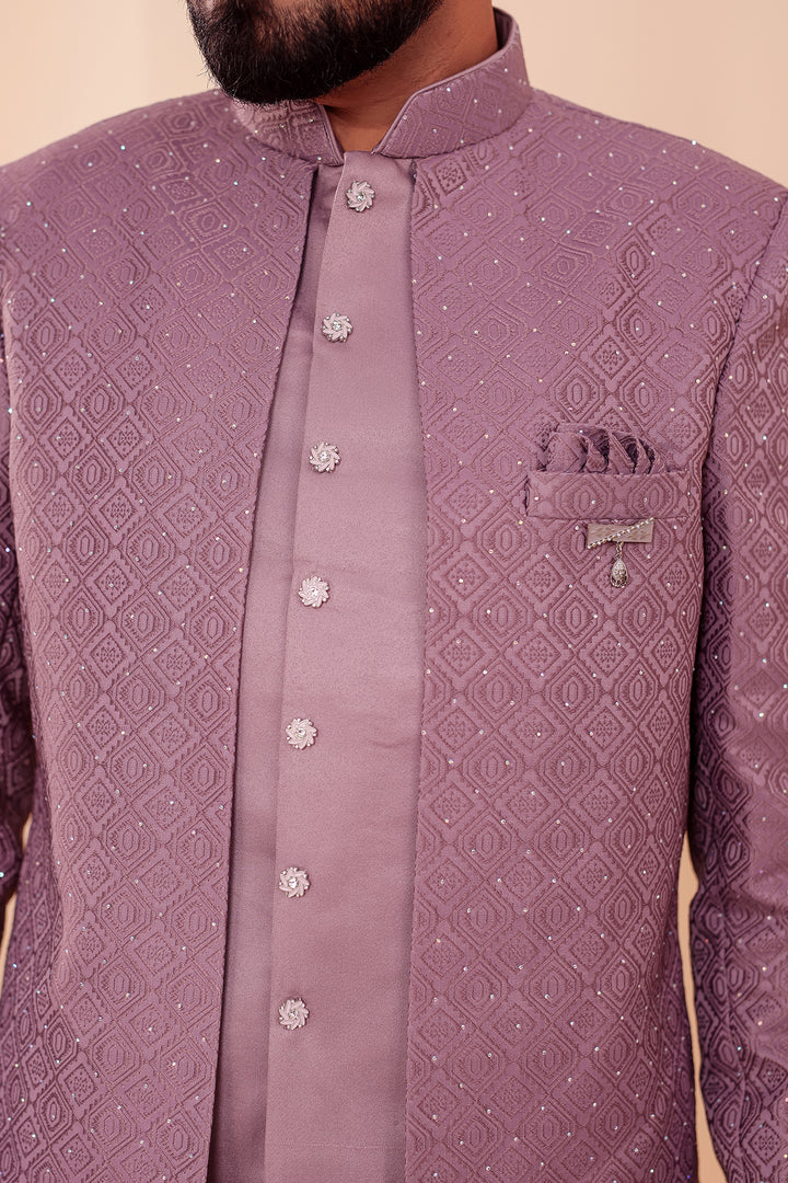 Lavander Jacquard weave Open Jacket Style Indo-western Suit.
