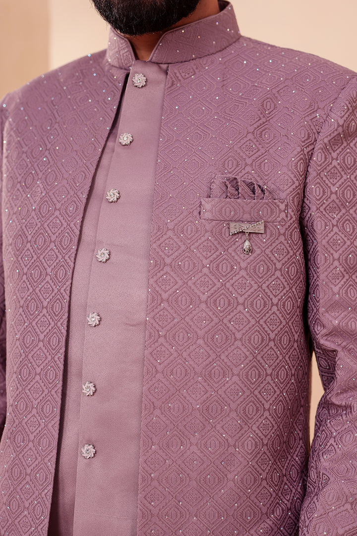 Lavander Jacquard weave Open Jacket Style Indo-western Suit.