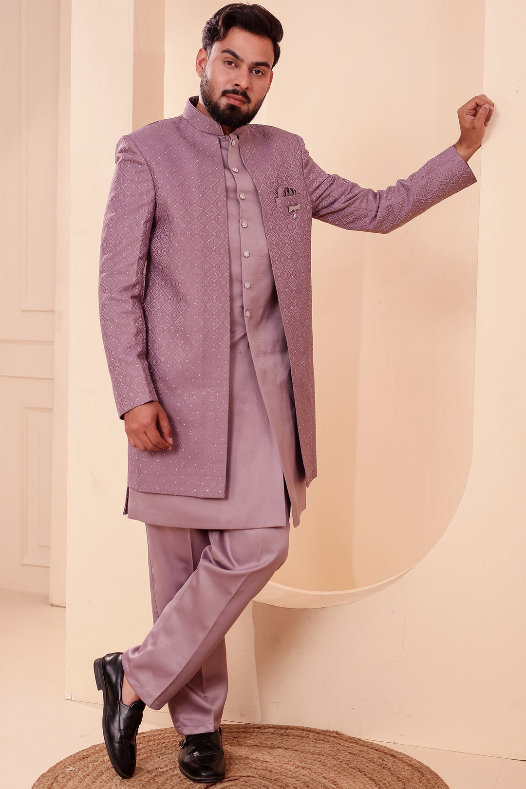 Lavander Jacquard weave Open Jacket Style Indo-western Suit.