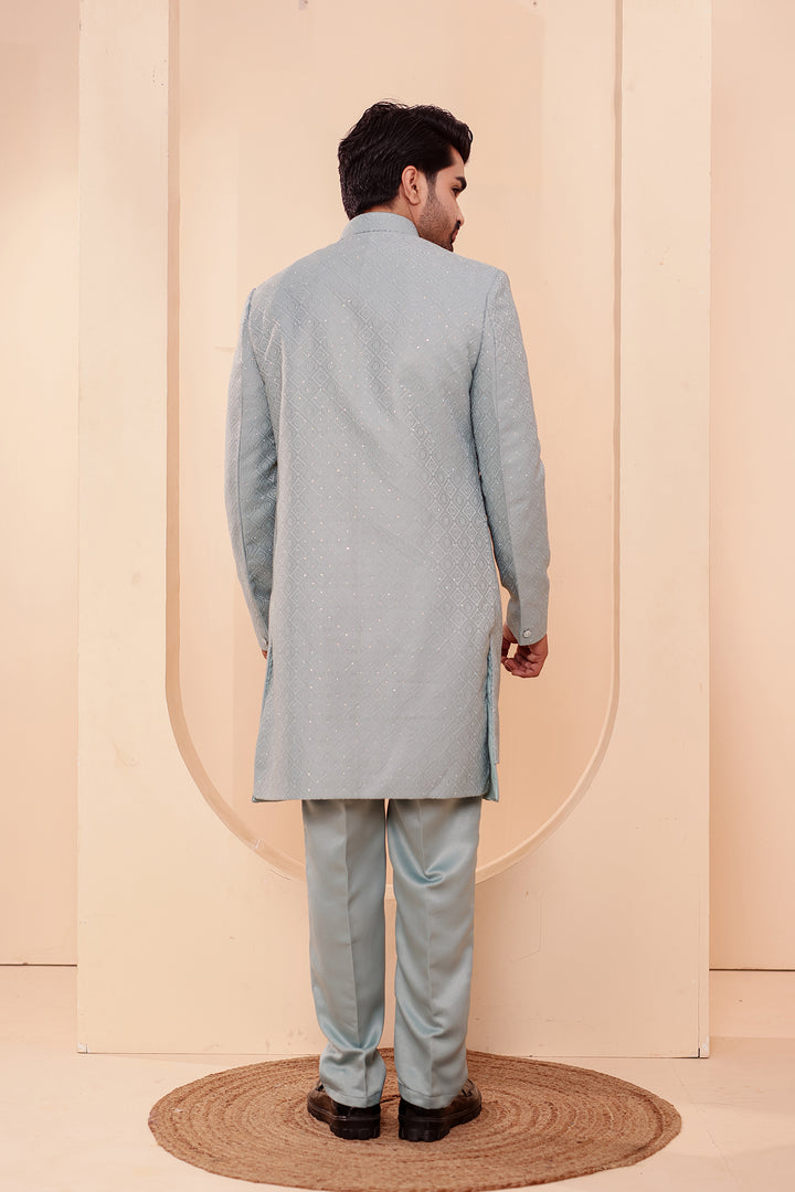 Sage Green Jacquard weave Open Jacket Style Indo-western Suit.