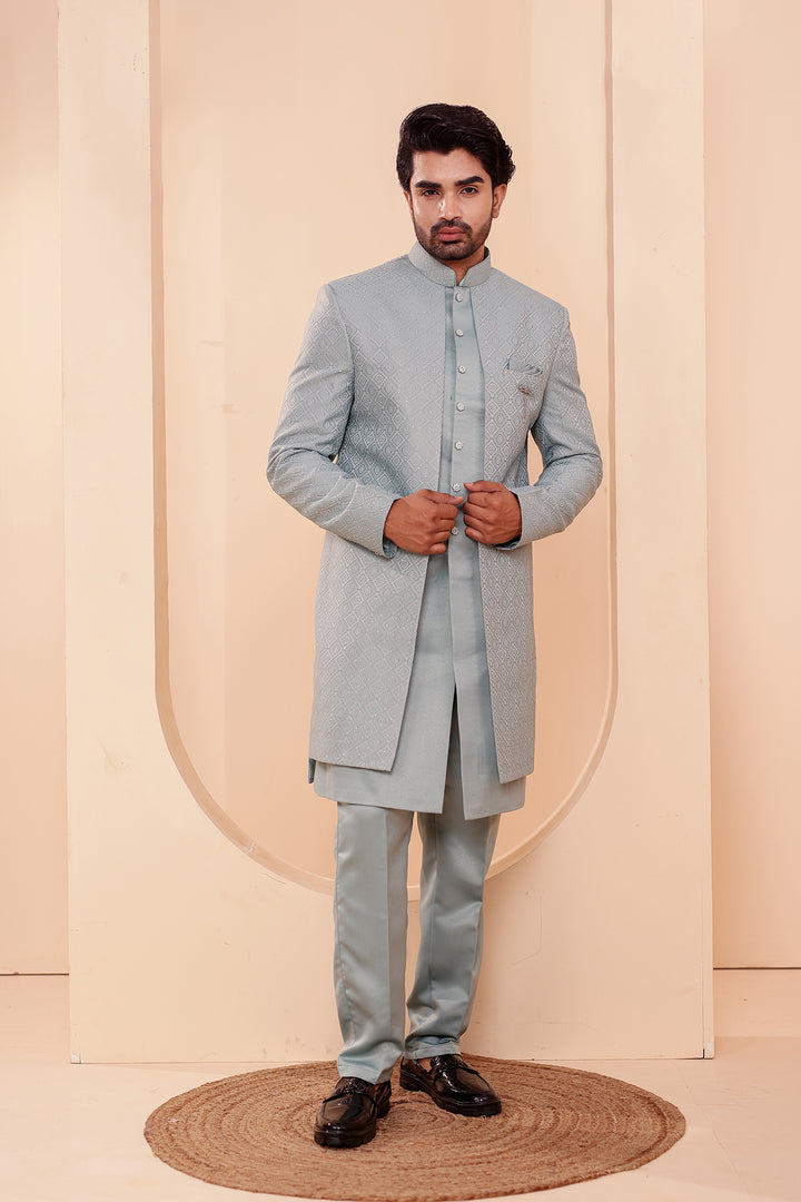 Sage Green Jacquard weave Open Jacket Style Indo-western Suit.