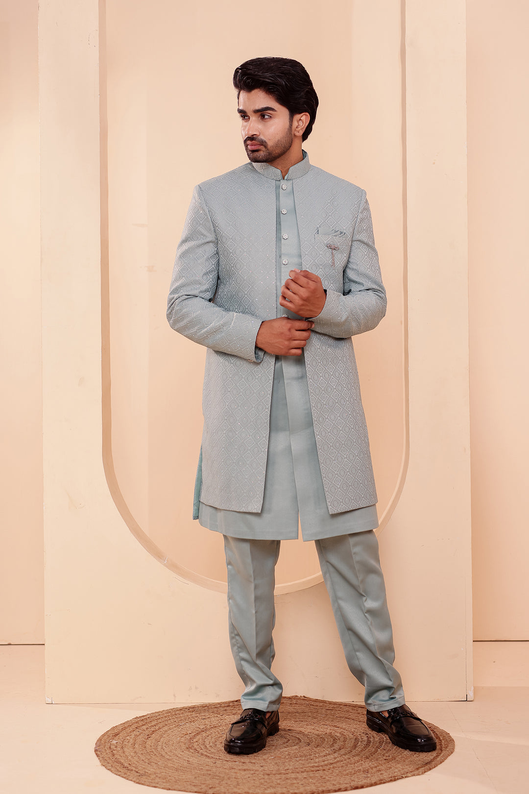 Sage Green Jacquard weave Open Jacket Style Indo-western Suit.