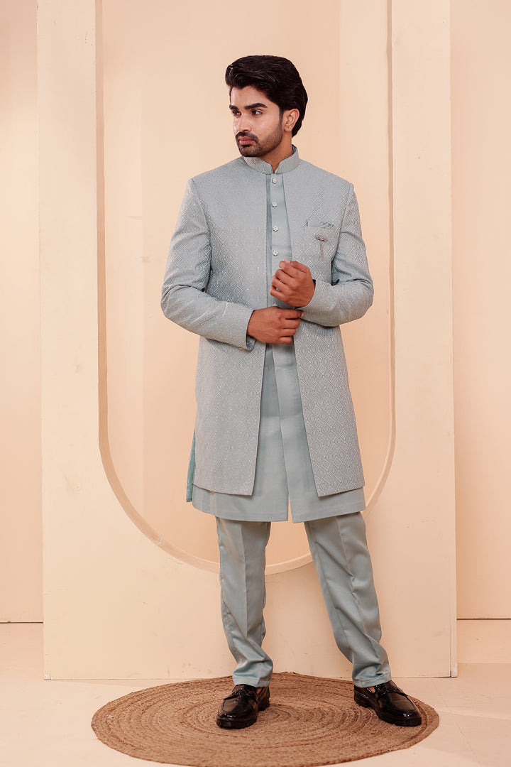Sage Green Jacquard weave Open Jacket Style Indo-western Suit.