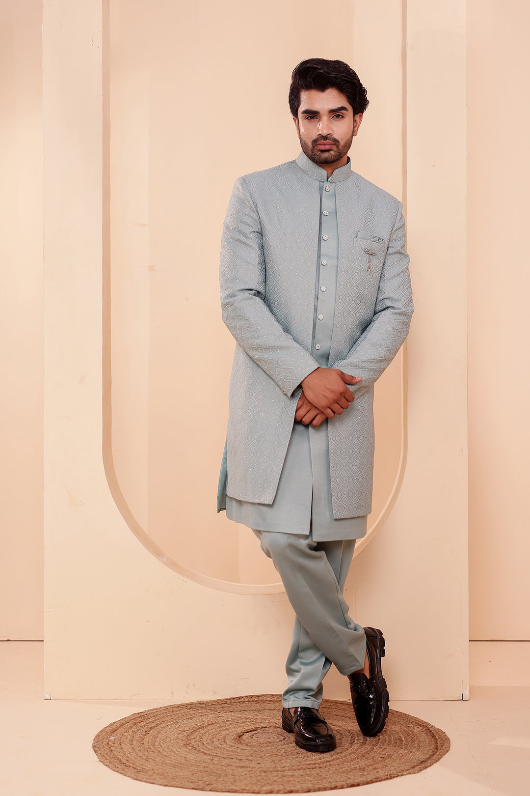 Sage Green Jacquard weave Open Jacket Style Indo-western Suit.