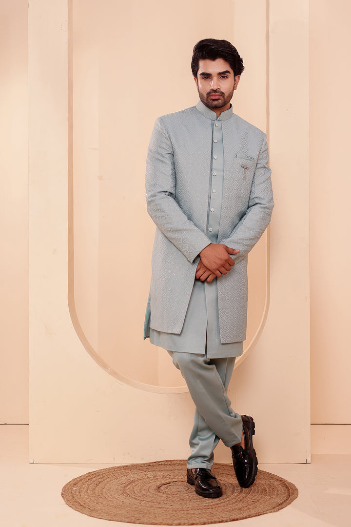 Sage Green Jacquard weave Open Jacket Style Indo-western Suit.