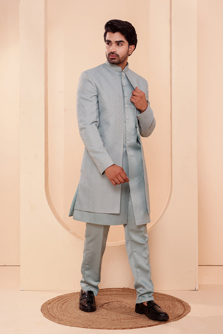 Sage Green Jacquard weave Open Jacket Style Indo-western Suit.