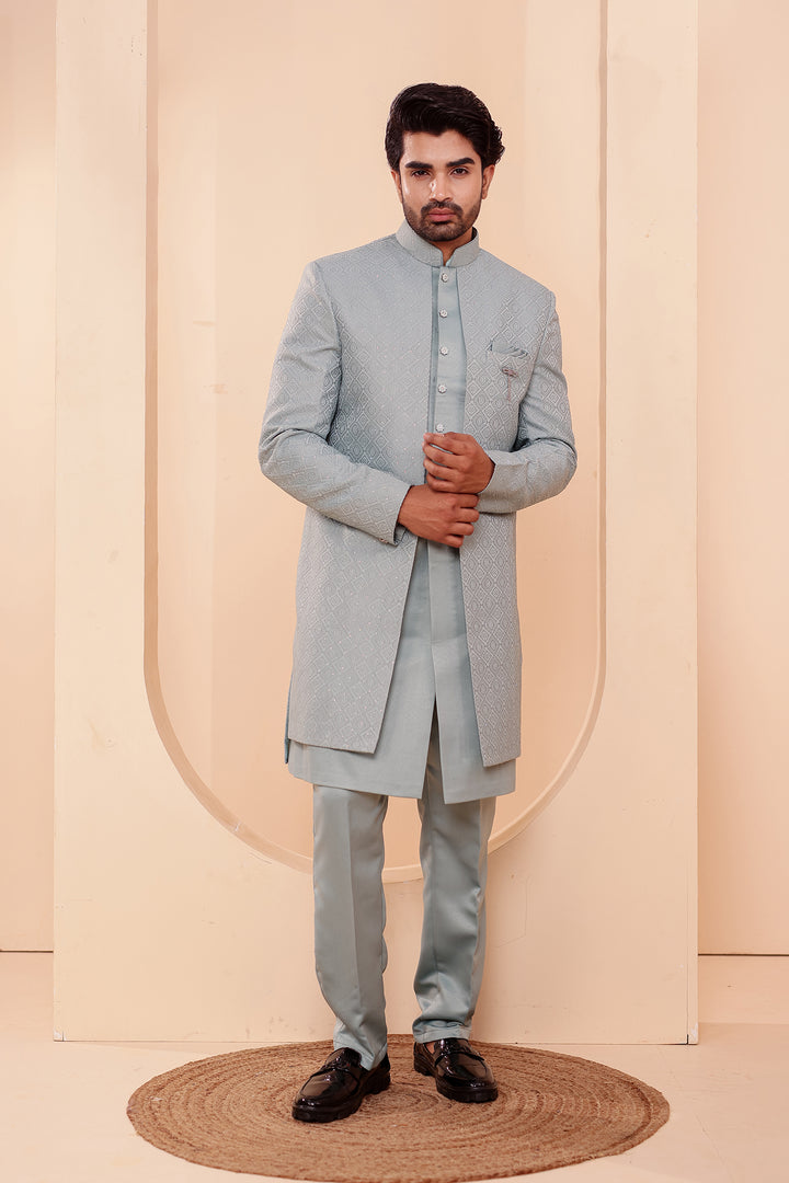 Sage Green Jacquard weave Open Jacket Style Indo-western Suit.