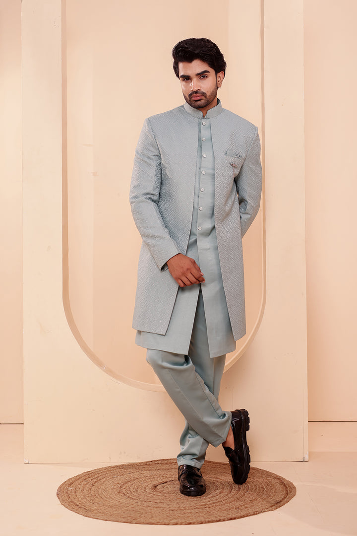 Sage Green Jacquard weave Open Jacket Style Indo-western Suit.