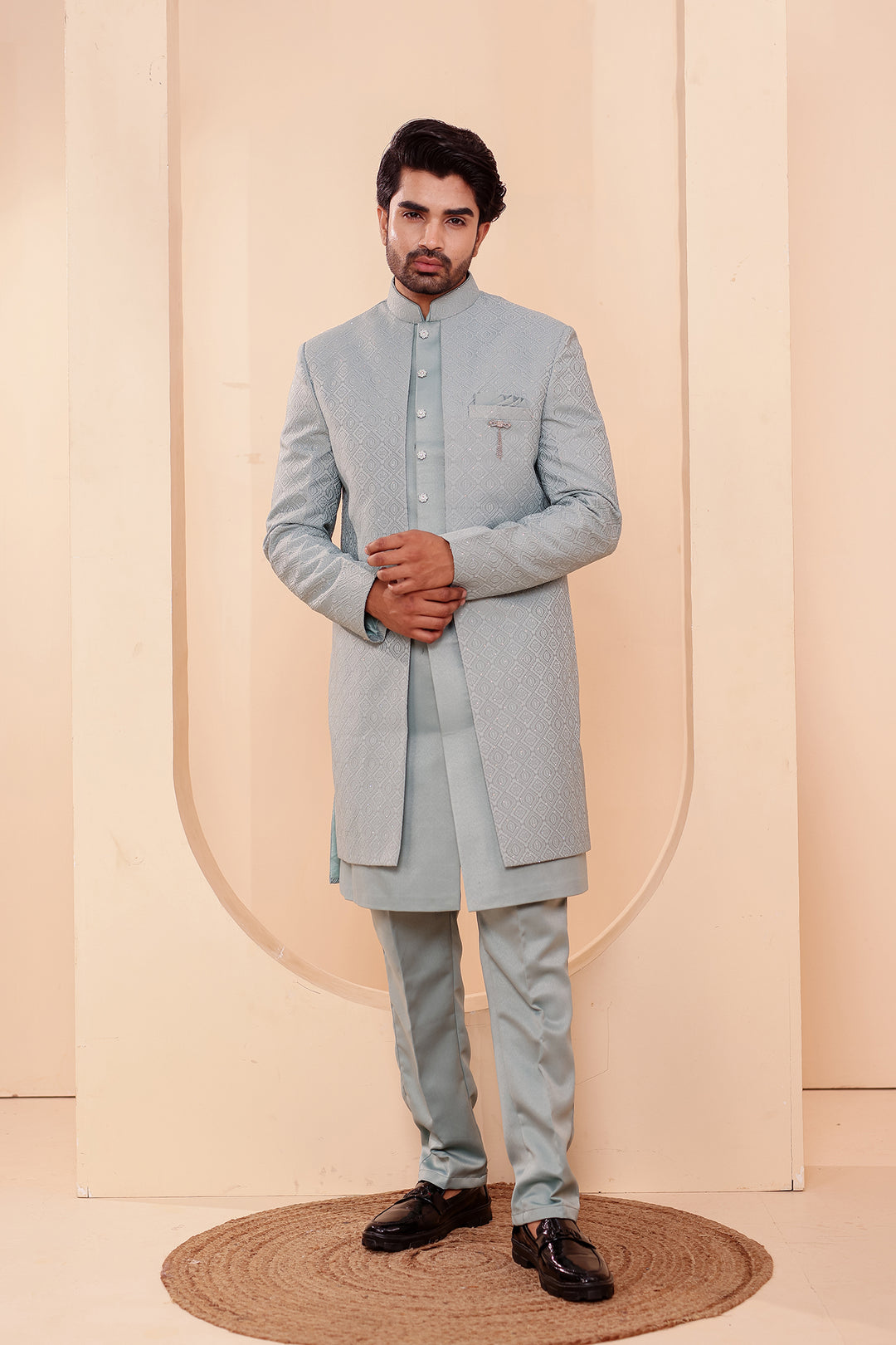 Sage Green Jacquard weave Open Jacket Style Indo-western Suit.
