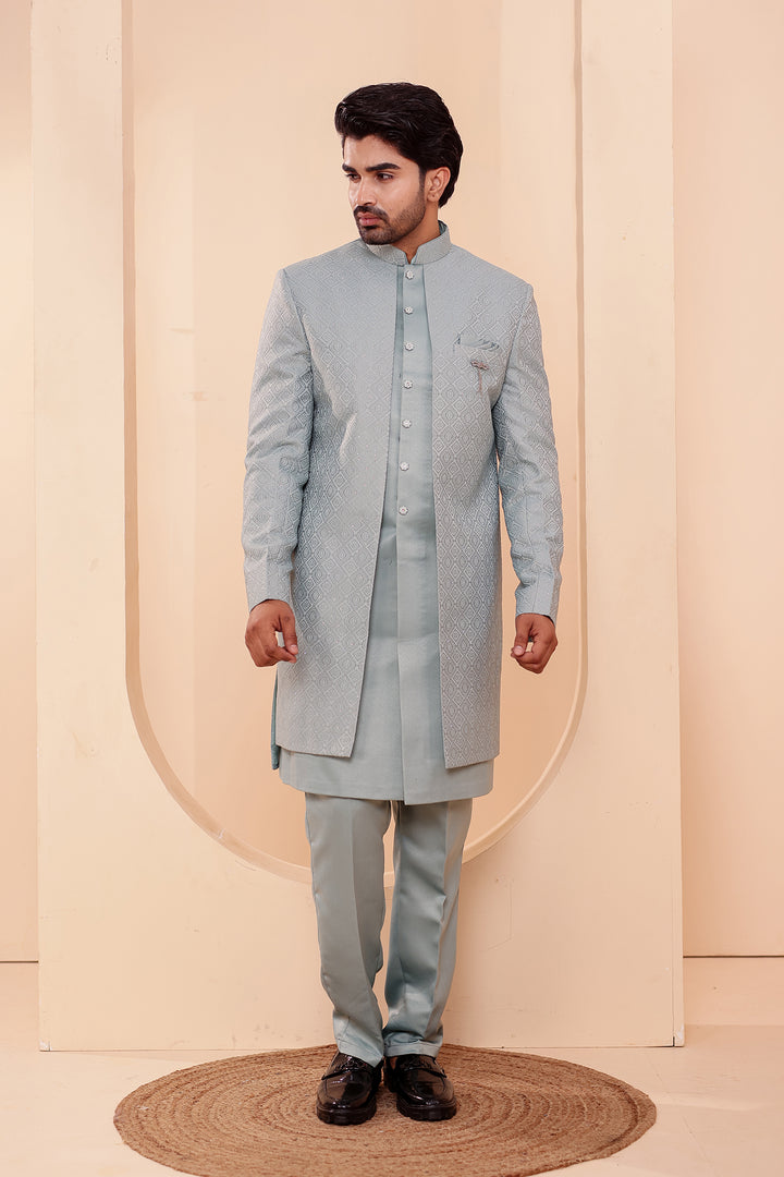 Sage Green Jacquard weave Open Jacket Style Indo-western Suit.