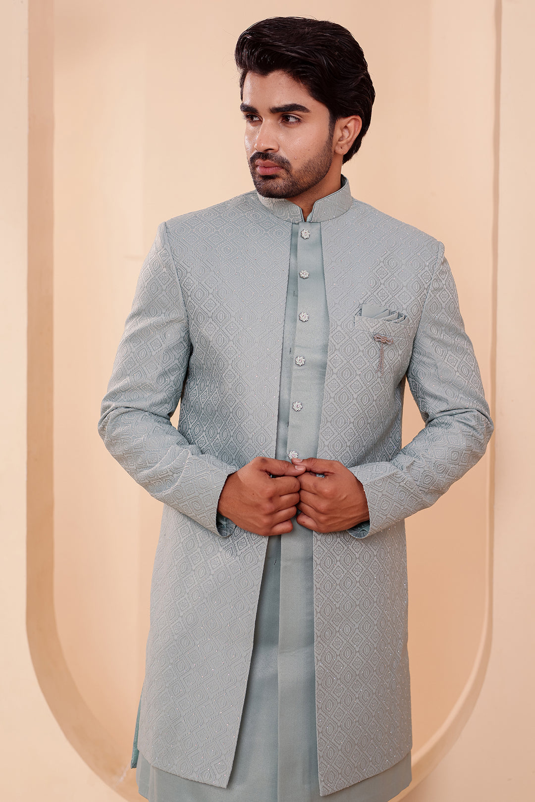 Sage Green Jacquard weave Open Jacket Style Indo-western Suit.
