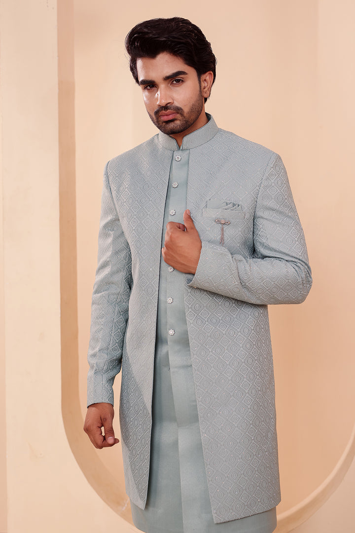 Sage Green Jacquard weave Open Jacket Style Indo-western Suit.