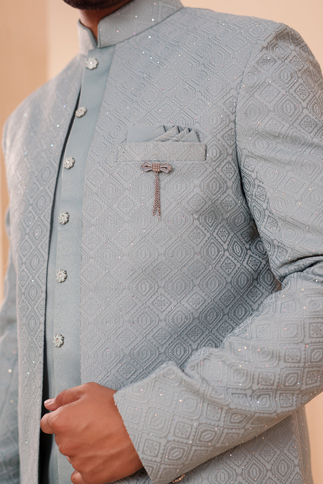 Sage Green Jacquard weave Open Jacket Style Indo-western Suit.