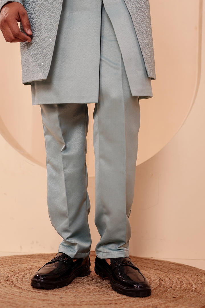 Sage Green Jacquard weave Open Jacket Style Indo-western Suit.