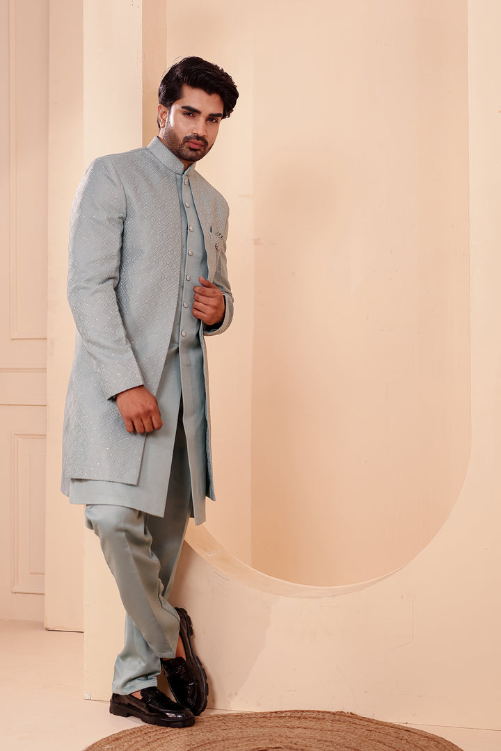 Sage Green Jacquard weave Open Jacket Style Indo-western Suit.