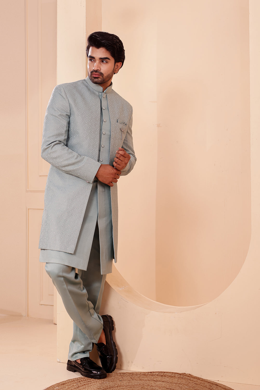 Sage Green Jacquard weave Open Jacket Style Indo-western Suit.