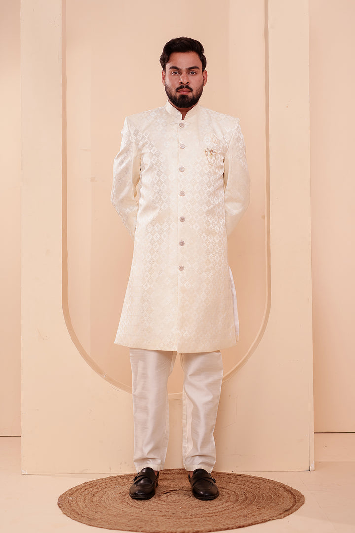 Light Gold Brocade Silk Indo-western Suit.