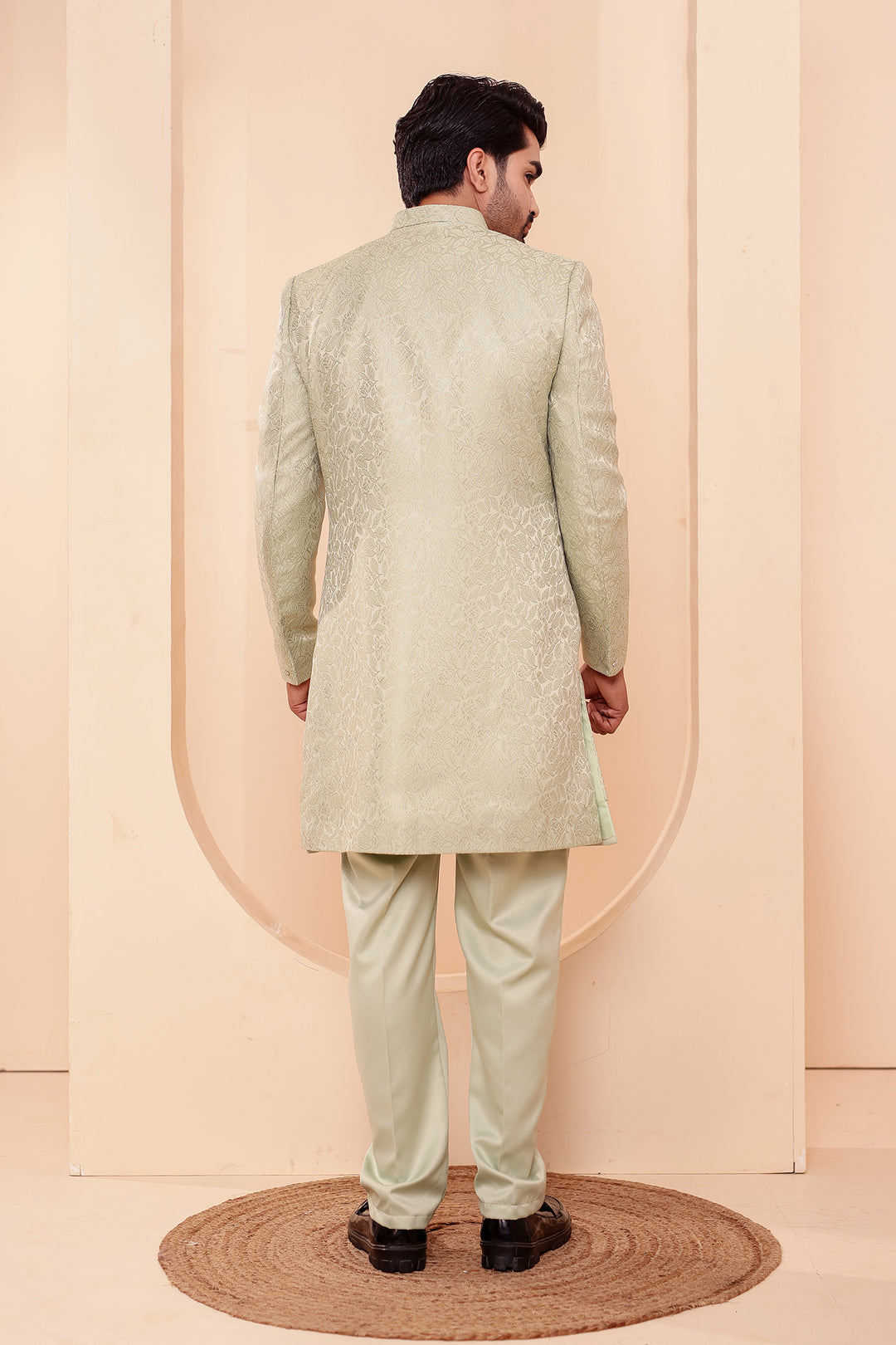 Mint Brocade Silk Jacket Style Indo-western Suit.