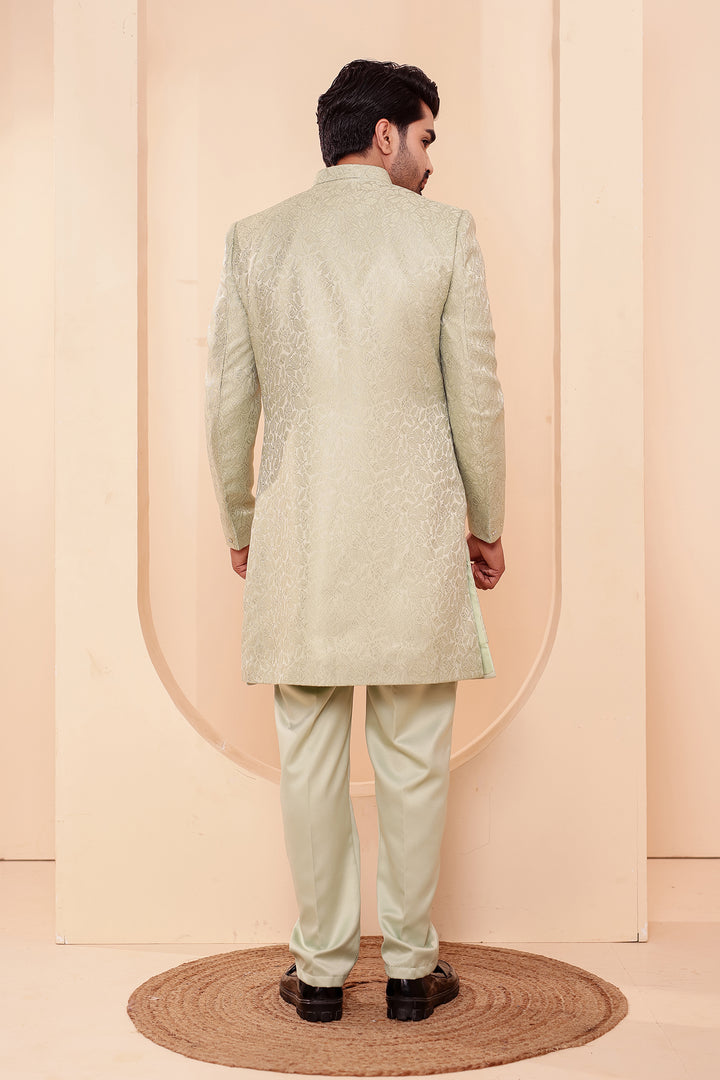 Mint Brocade Silk Jacket Style Indo-western Suit.