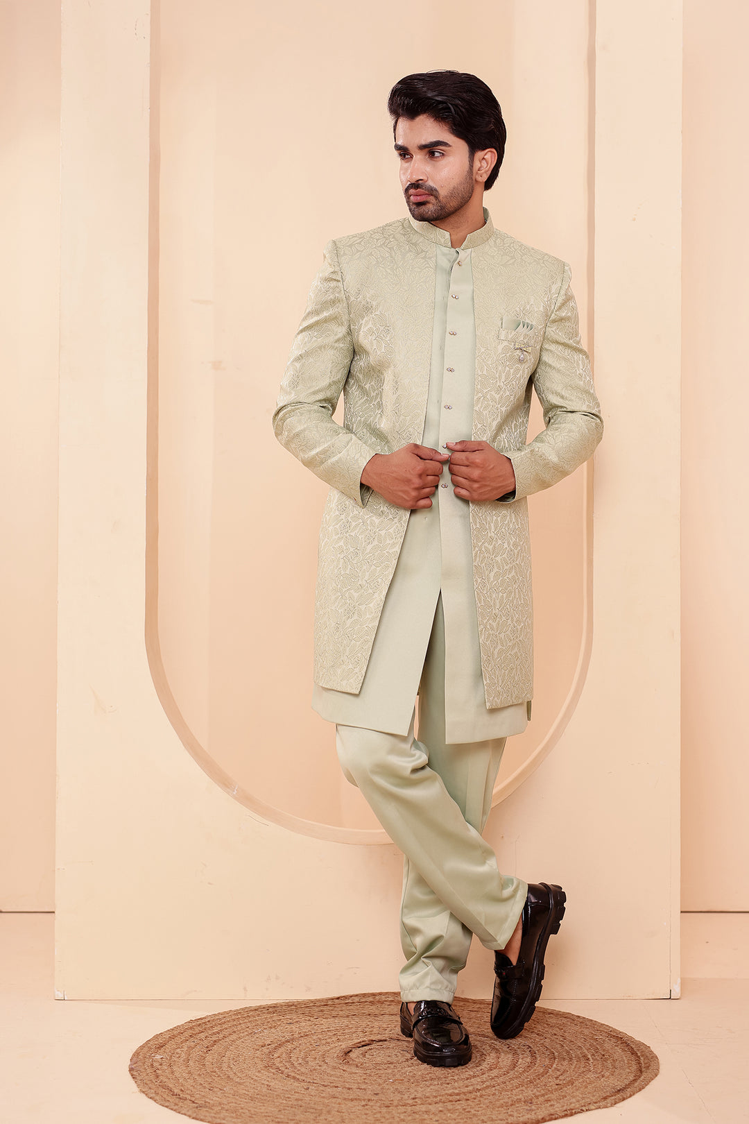 Mint Brocade Silk Jacket Style Indo-western Suit.